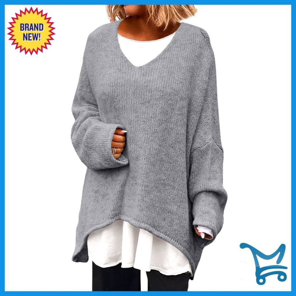 Oversized V Neck Sweater Batwing Sleeve Slouchy Pullover Knit Fall Tunic